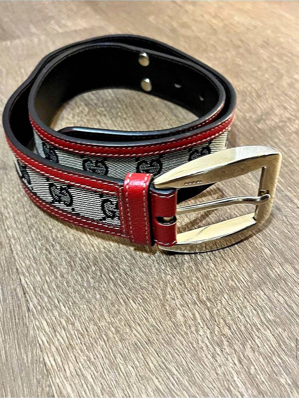 Vintage GG Canvas Leather Belt Navy Canvas / Red Leather Trim Gold Buckle 80/32